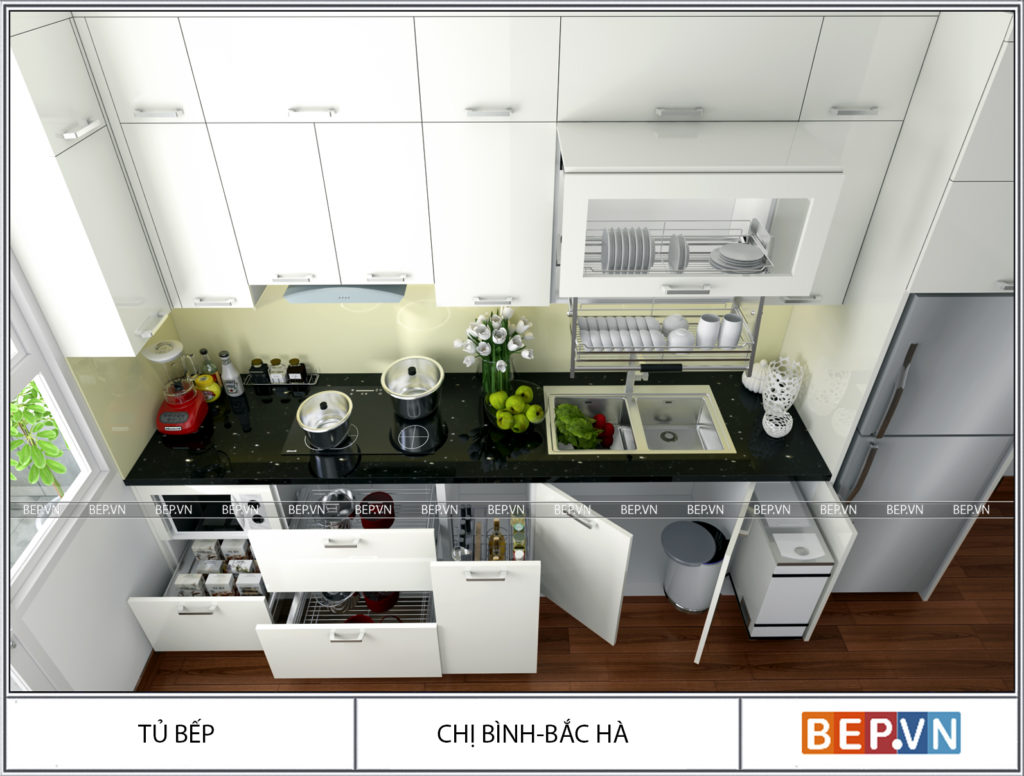 Tủ bếp nhỏ với đầy đủ công năng vô cùng hiện đại, tiện nghi