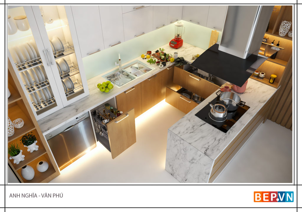Tủ bếp chữ u có đảo bếp là một cạnh của tủ bếp anh Nghĩa