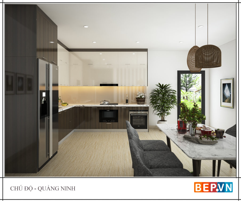 Thiết kế tủ bếp chữ L với bàn ăn nhà chú Độ - Quảng Ninh