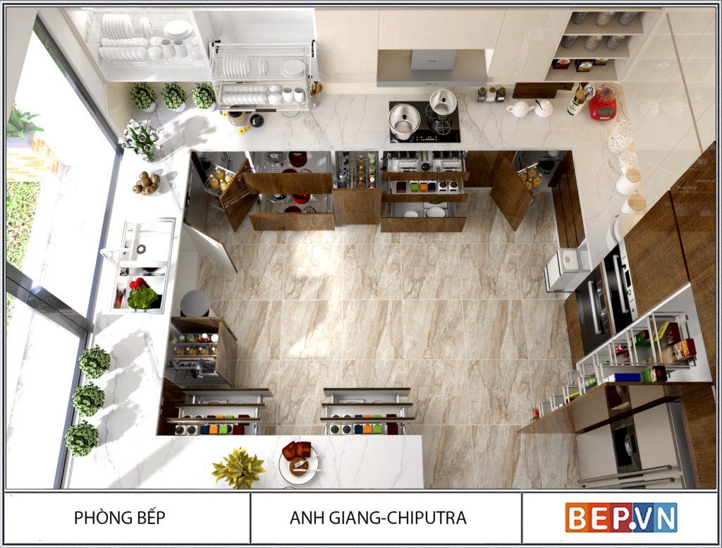 Tủ bếp chữ G cho phòng bếp rộng rãi gia đình anh Giang