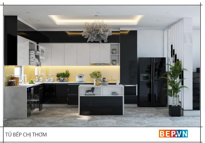 Tủ bếp đảo Acrylic tông màu đen trắng sang trọng