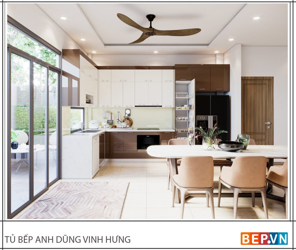 Tủ bếp Acrylic bóng gương hài hòa với tổng thể ngôi nhà.