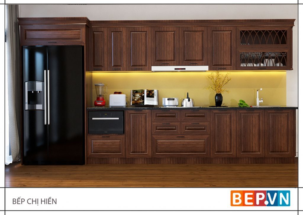 thiết kế phòng bếp đẹp theo phong cách của người Việt xưa với chất liệu gỗ tự nhiên