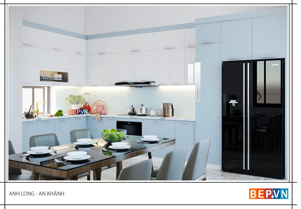 Tủ bếp Acrylic màu xanh mát mắt gia đình anh Long