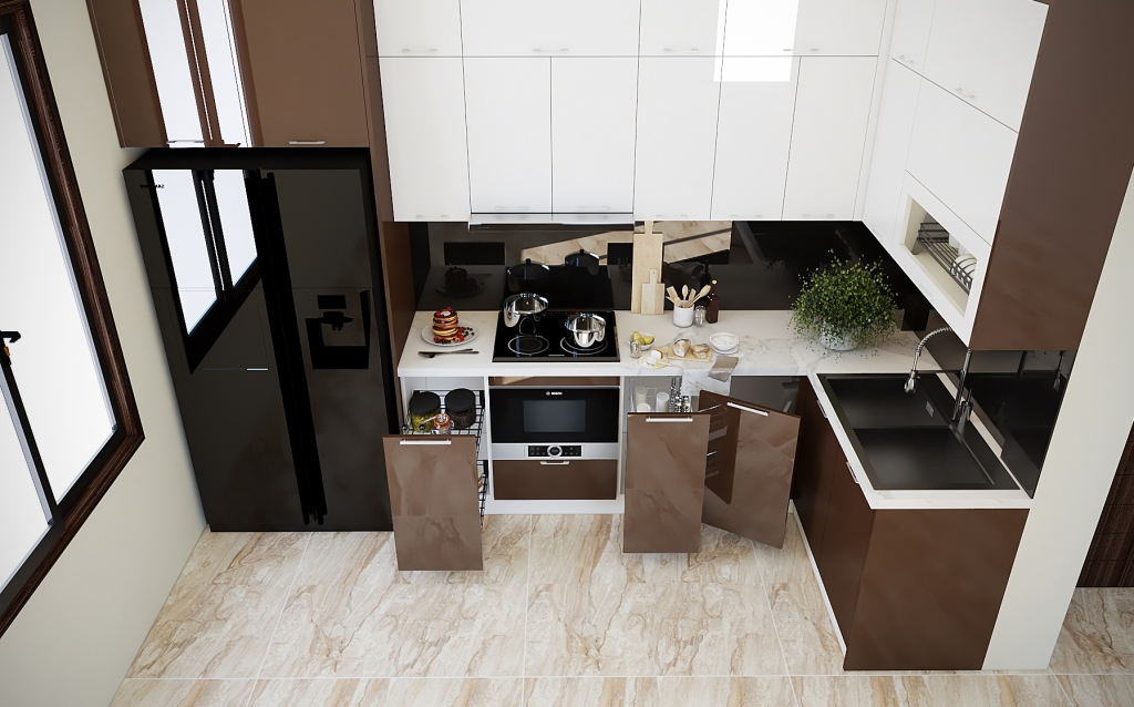 tủ bếp inox cánh nhựa acrylic bóng gương