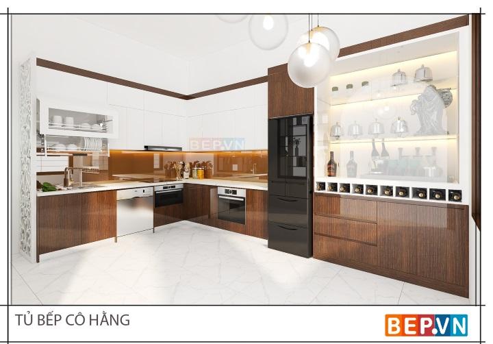Tủ bếp Acrylic chữ L sáng bừng không gian bếp gia đình cô Hằng.
