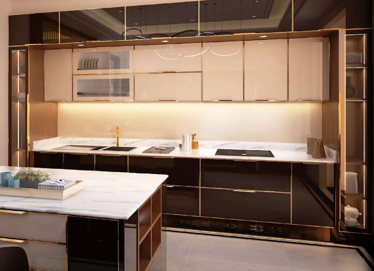 Mẫu tủ bếp inox cánh kính Bep.vn có bàn đảo hiện đại màu trắng nâu