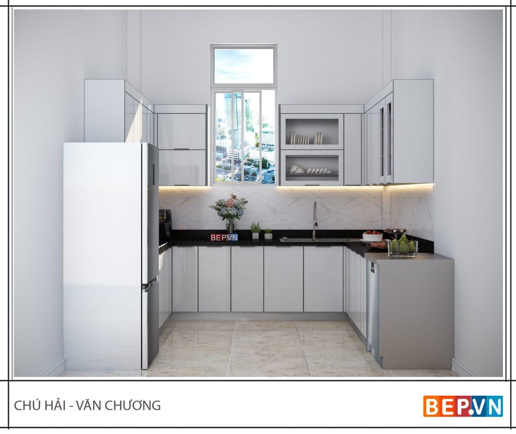 mẫu tủ bếp inox cánh kính của gia đình chú Hải - Văn Chương