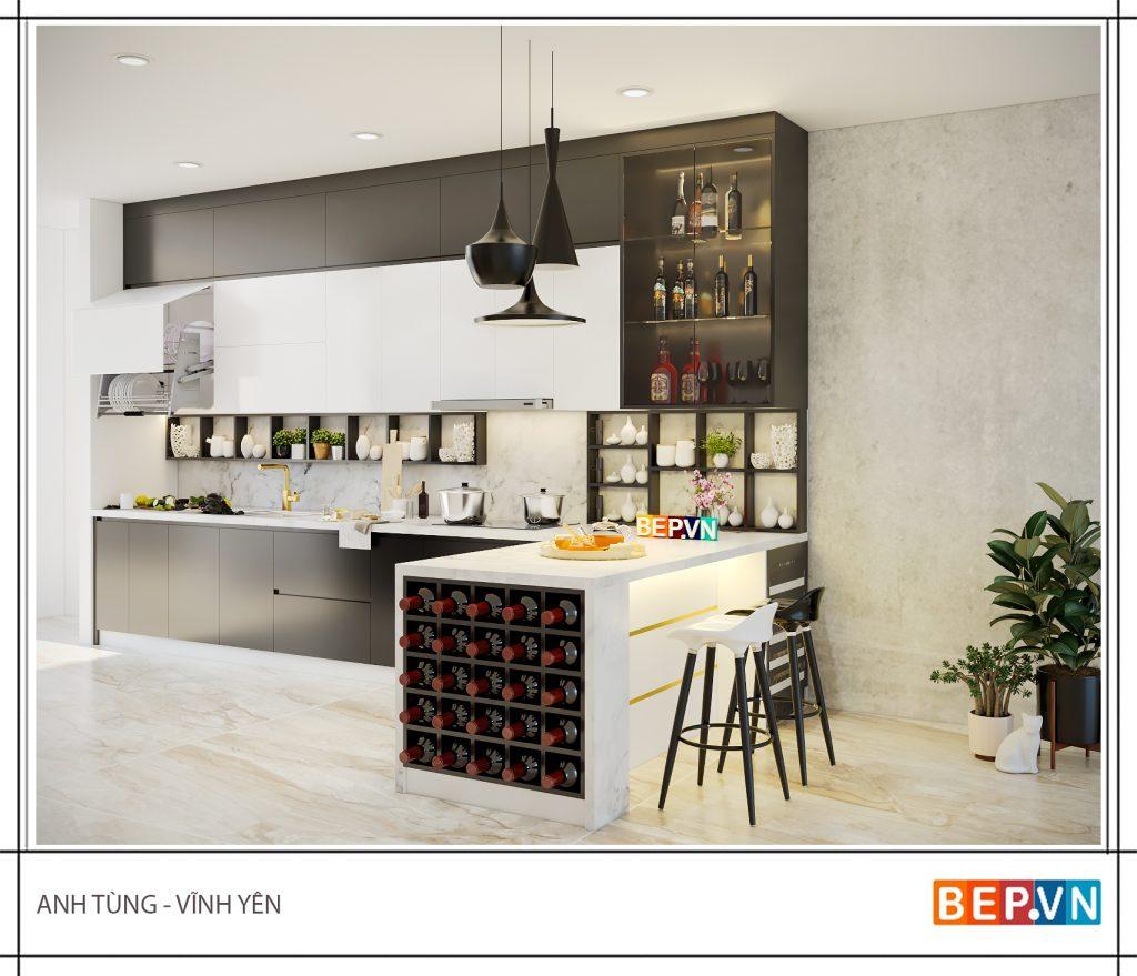 Tủ bếp nhựa picomat kết hợp tủ rượu sang trọng là mẫu tủ bếp của anh Tùng - Vĩnh Yên