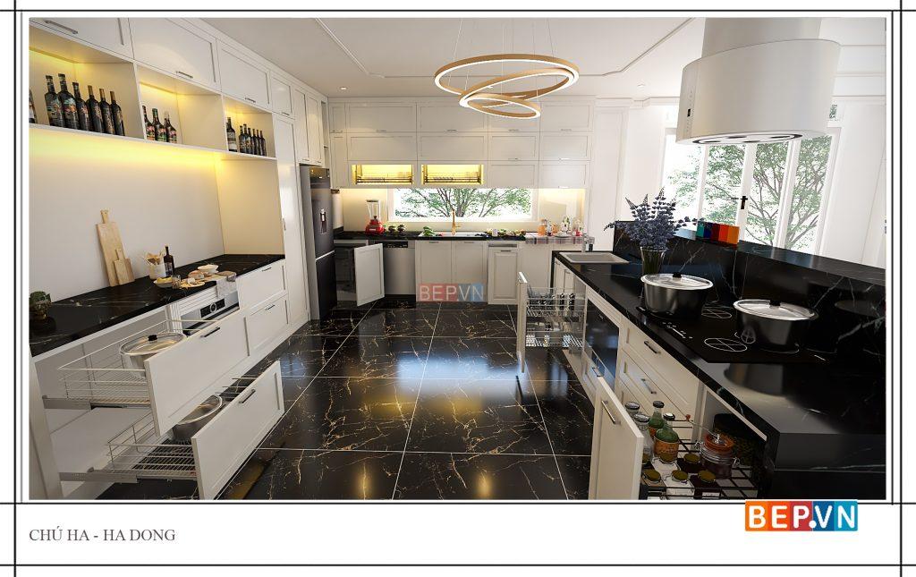 Mẫu tủ bếp nhựa đẹp với gam màu trắng tinh tế đầy đủ công năng hiện đại, thông minh.
