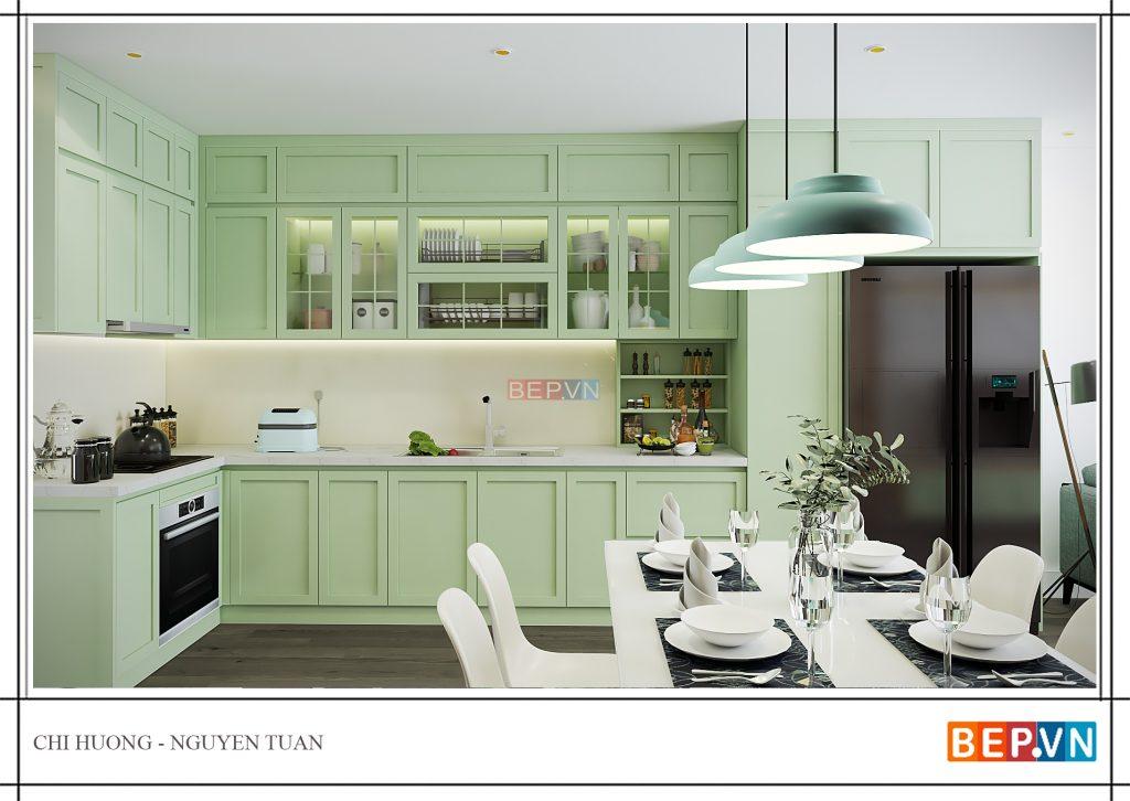 Tủ bếp nhựa cánh sơn Inchem cao cấp với gam màu xanh pastel nhẹ nhàng, sang trọng