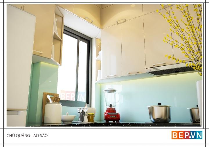 Tủ bếp đảo acrylic màu sắc hài hòa, sang trọng