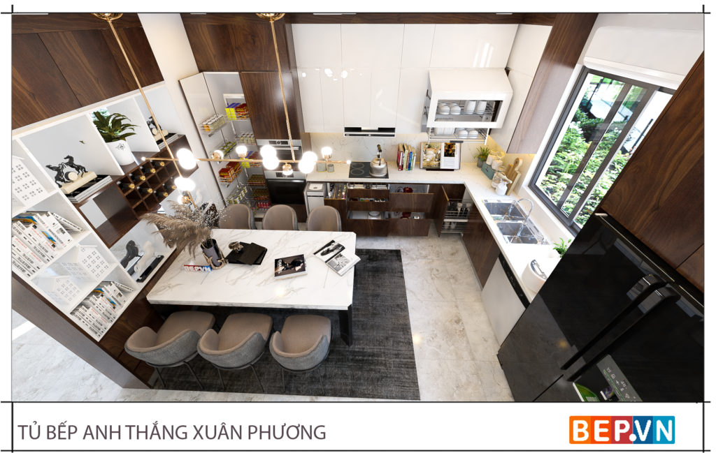 thiet ke tu bep ket hop tu trang tri va ban an sang trong