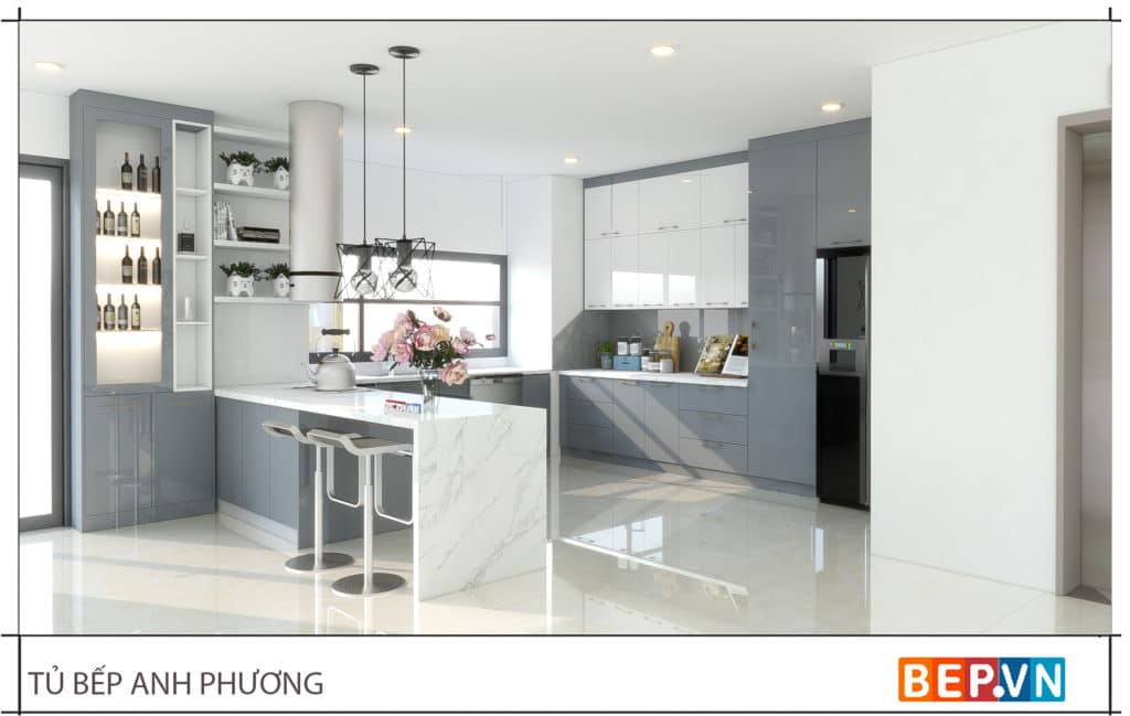 mau tu bep go nhua picoma hien dai voi canh tu phu acrylic bong guong