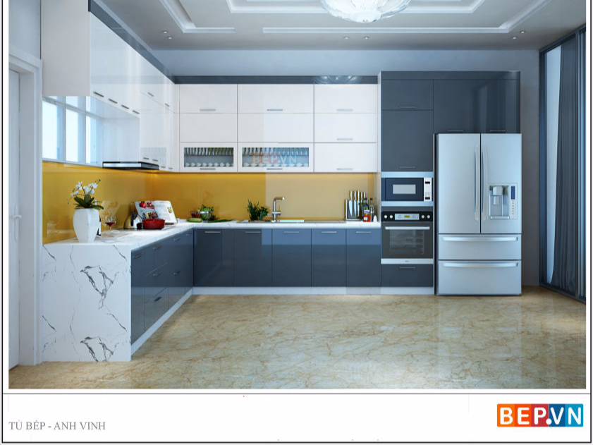 Tủ bếp Acrylic màu xám dạng chữ L gia đình anh Vinh
