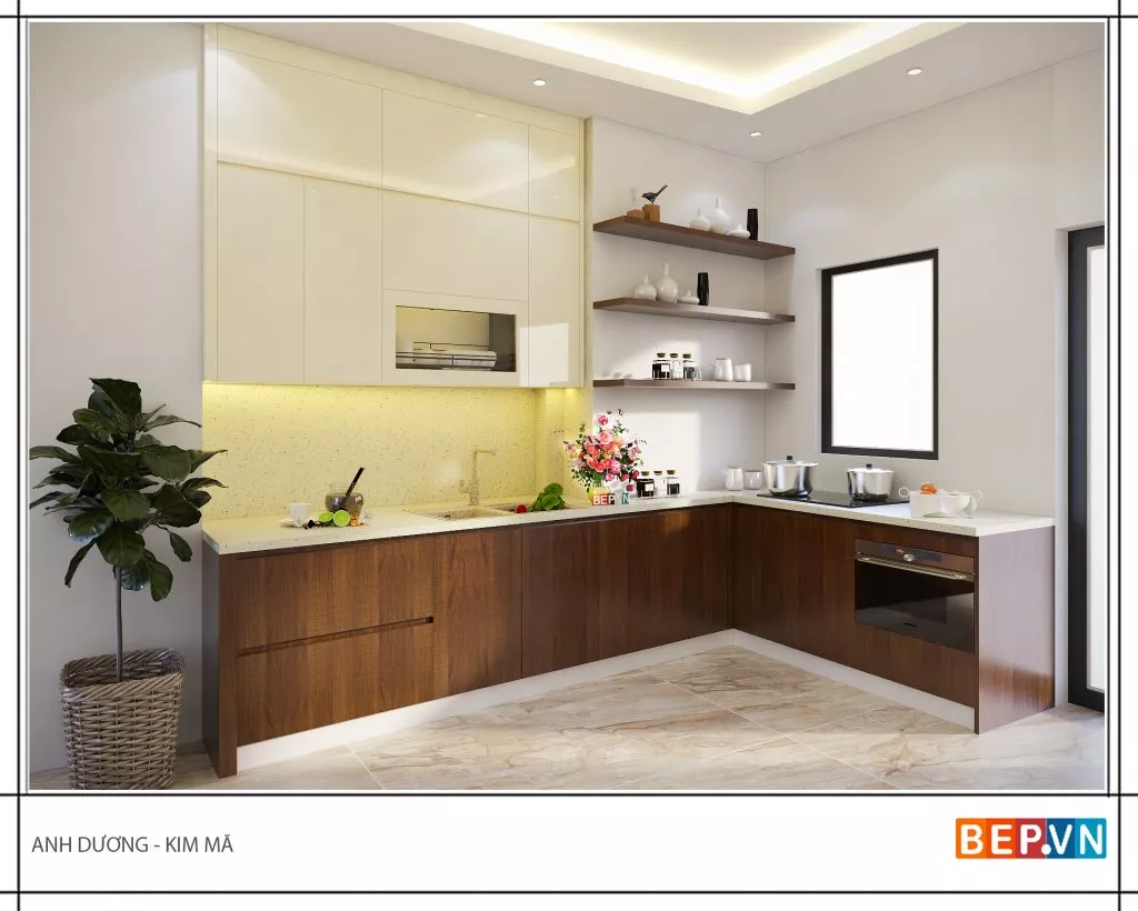 Thiết kế tủ bếp mở hiện đại phù hợp hầu hết các không gian.