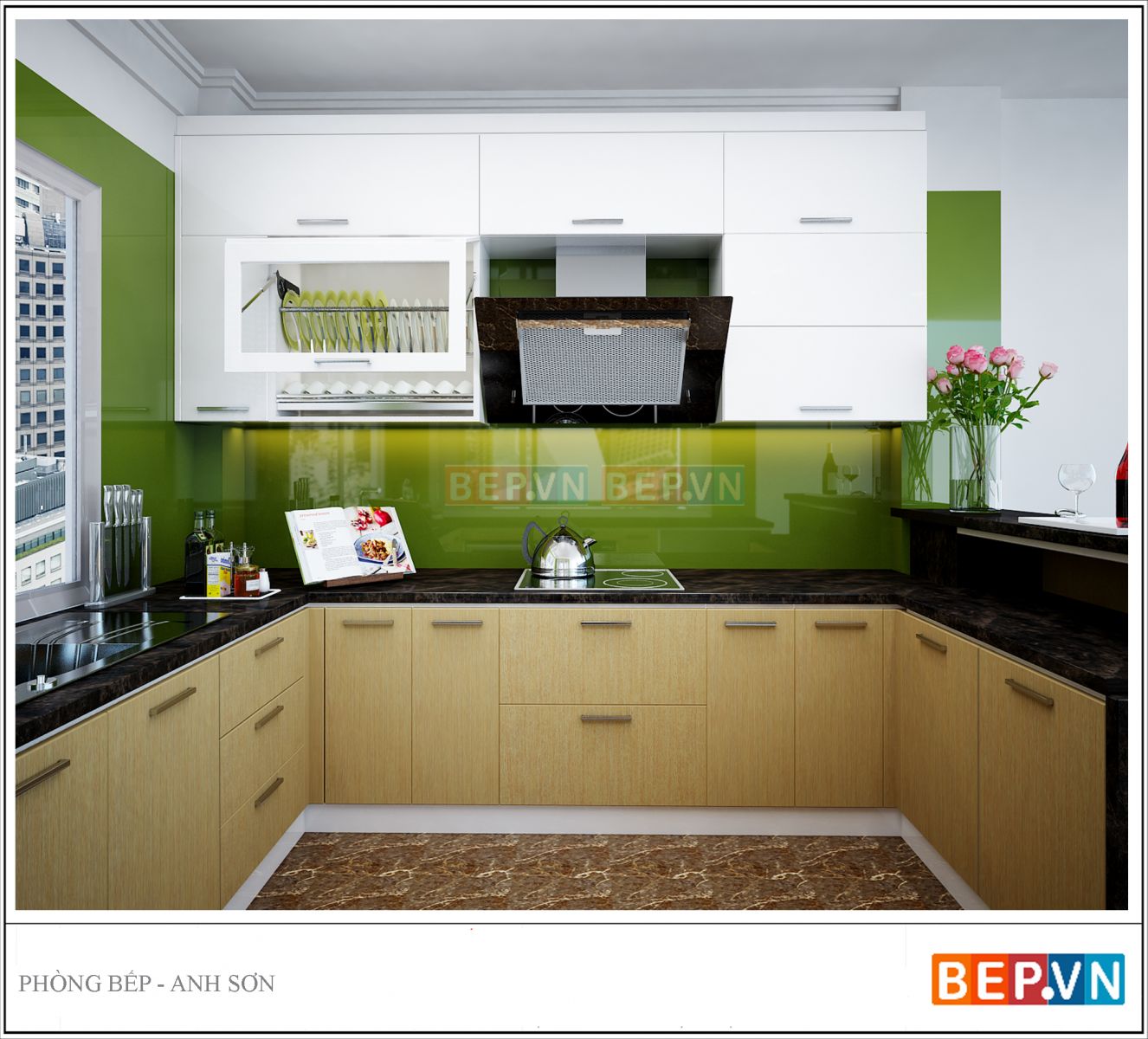 Căn bếp có tủ bếp Acrylic và Laminate màu xanh gia đình anh Sơn