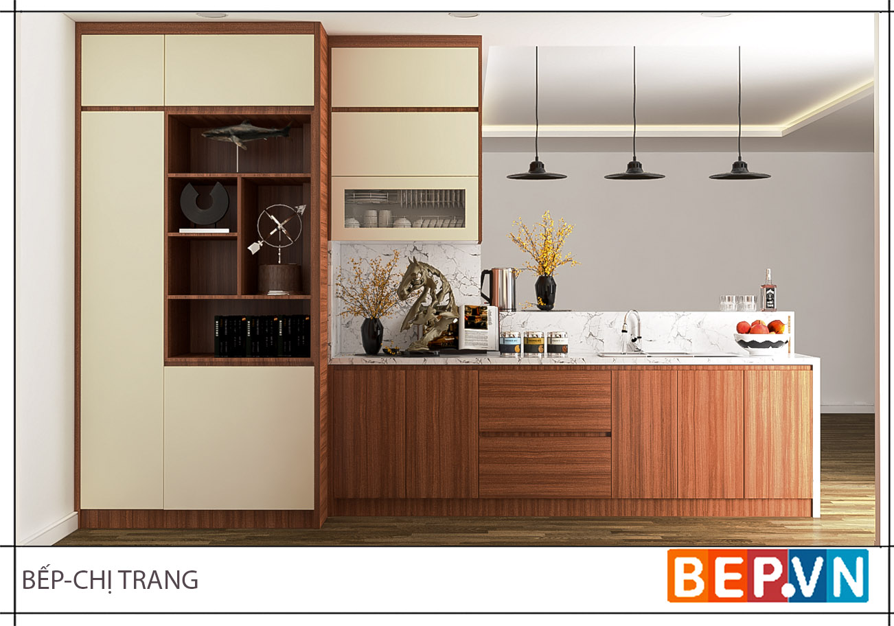 Mẫu tủ bếp Laminate kết hợp màu sắc hoàn hảo gia đình chị Trang.