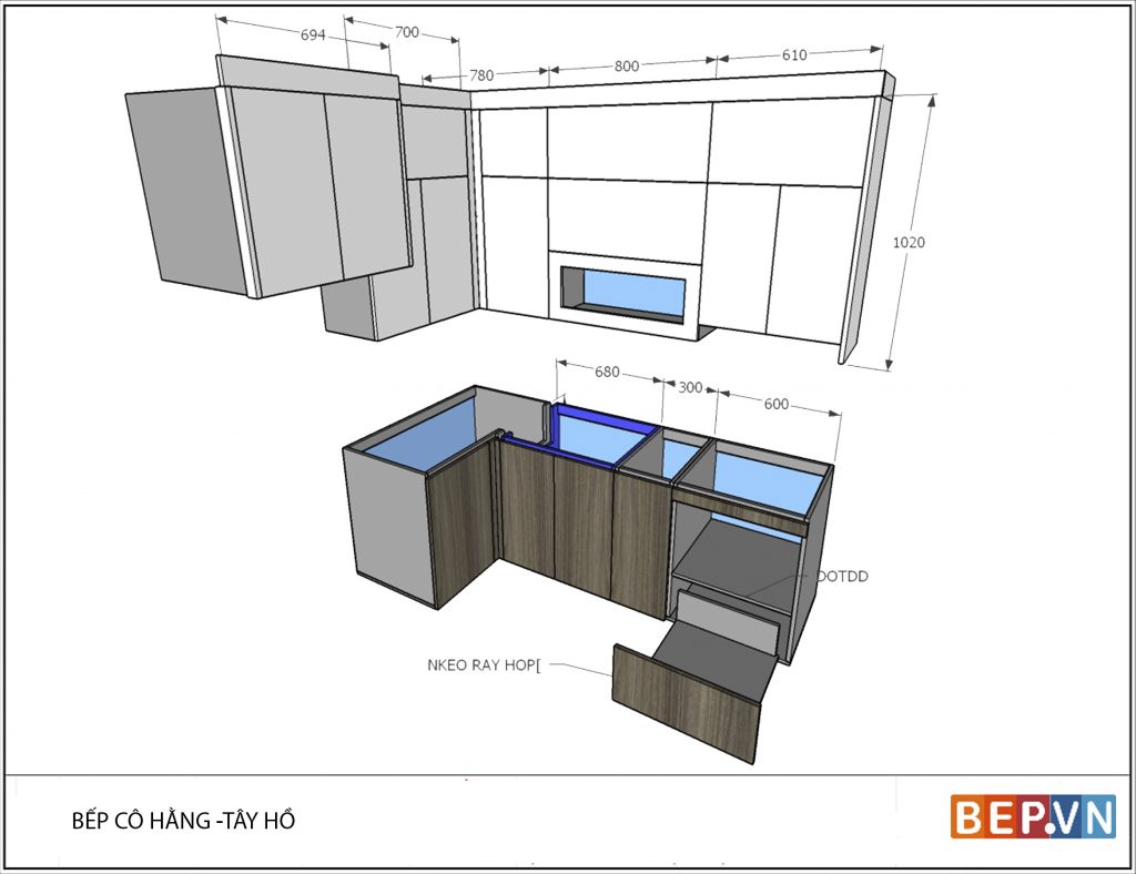 Mẫu thiết kế tủ bếp chữ L cho không gian bếp nhỏ.