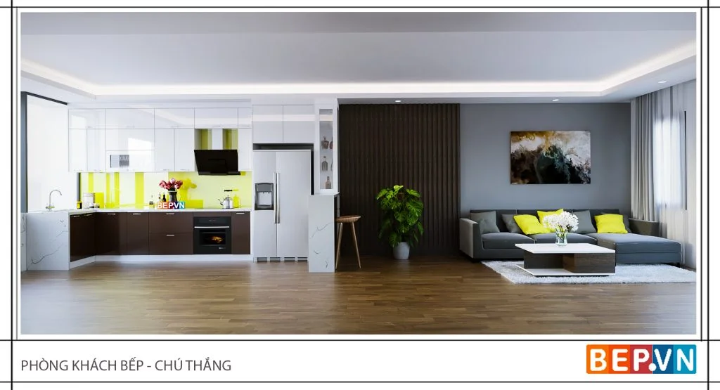 Thiết kế tủ bếp không còn vách ngăn với phòng khách