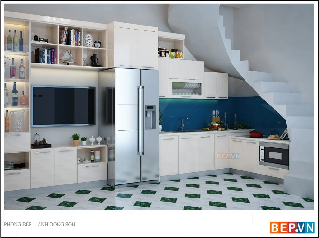 Tận dụng chân cầu thang làm tủ bếp độc đáo