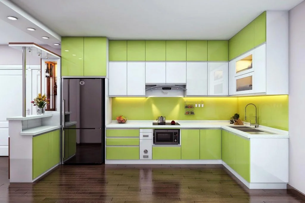 Tủ bếp kịch trần phối màu xanh