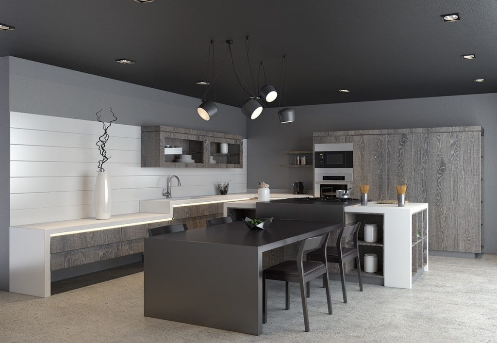 Thiết kế phòng bếp với tông màu trắng đen
