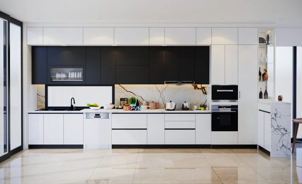 Tủ bếp thẳng phối màu trắng đen tối giản gia đình chị Ngân