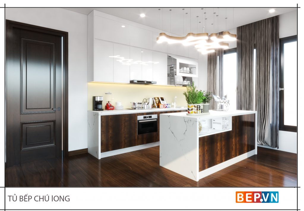 Lựa chọn gam màu trắng và màu vân gỗ kết hợp trong thiết kế tủ bếp nhà chú Long