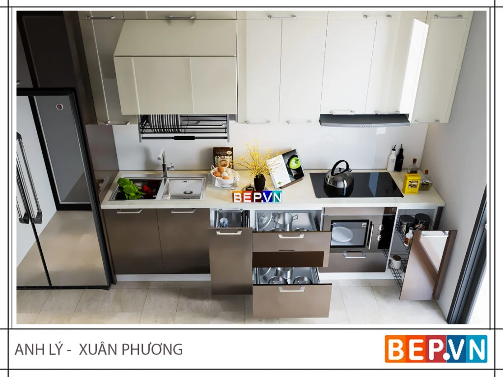Màu sắc trung tính mang lại giá trị thẩm mỹ cao cho tủ bếp gia đình anh Lý- Xuân Phương.