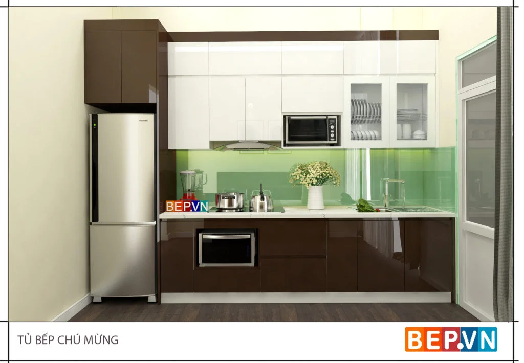 Màu sắc độc đáo của tủ bếp Acrylic gia đình chú Mừng.