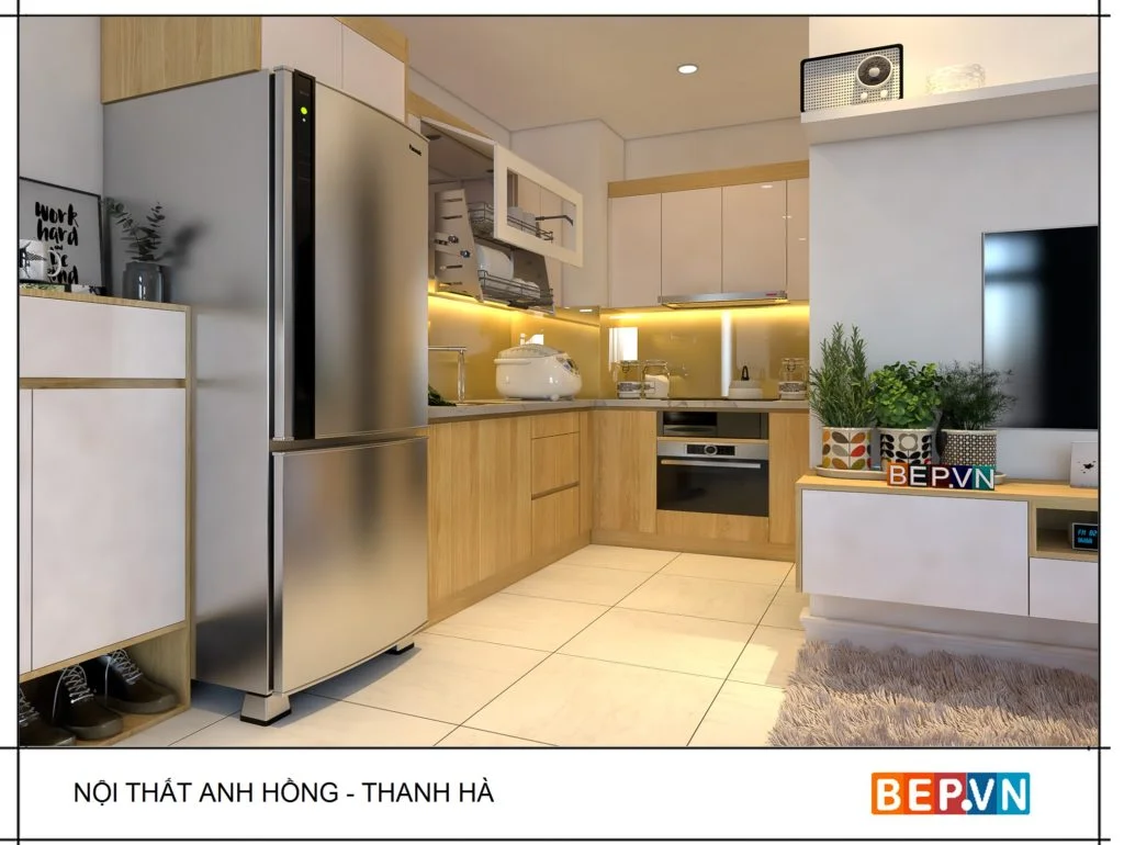 Căn bếp nhỏ bằng chất liệu Laminate gia đình anh Hồng.