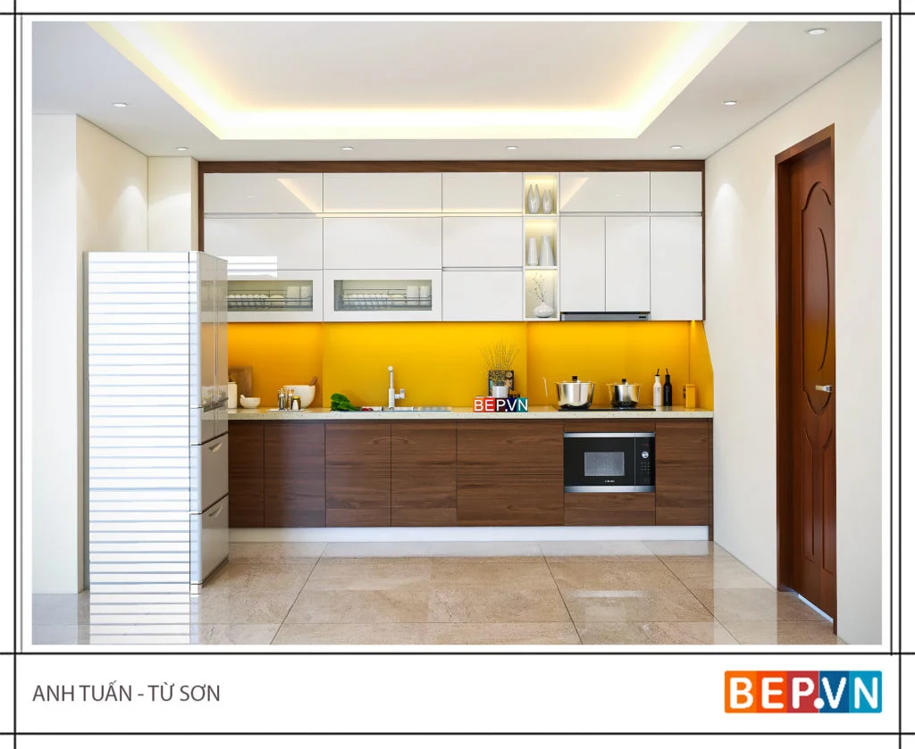 Sự kết hợp Laminate và Acrylic trong thiết kế tủ bếp nhỏ gia đình anh Tuấn.