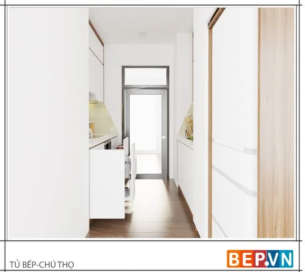 Lưu thông và hoạt động thuận lợi trong căn bếp nhỏ 2m gia đình chú Thọ.