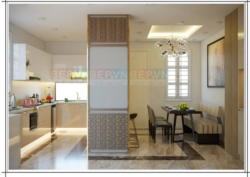 Mẫu tủ bếp có thiết kế bàn đảo bếp tiện lợi cho nấu nướng lại là bình phong phân chia bàn ăn và tủ bếp.