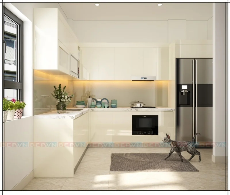 Gọn gàng, sạch sẽ và thoáng đãng là những gì bạn nhận được từ tủ bếp màu trắng.
