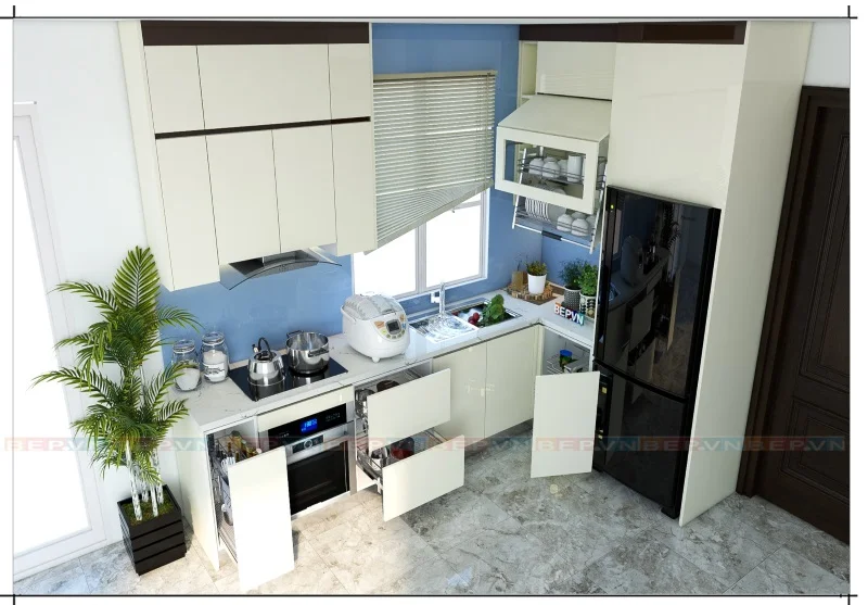 Hệ thống tủ bếp trắng tràn đầy năng lượng và sức sống.