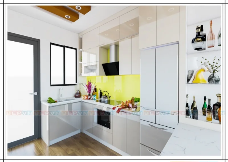 Lưu trữ đồ đạc không giới hạn với thiết kế tủ bếp chữ U ốp trần màu trắng bóng gương
