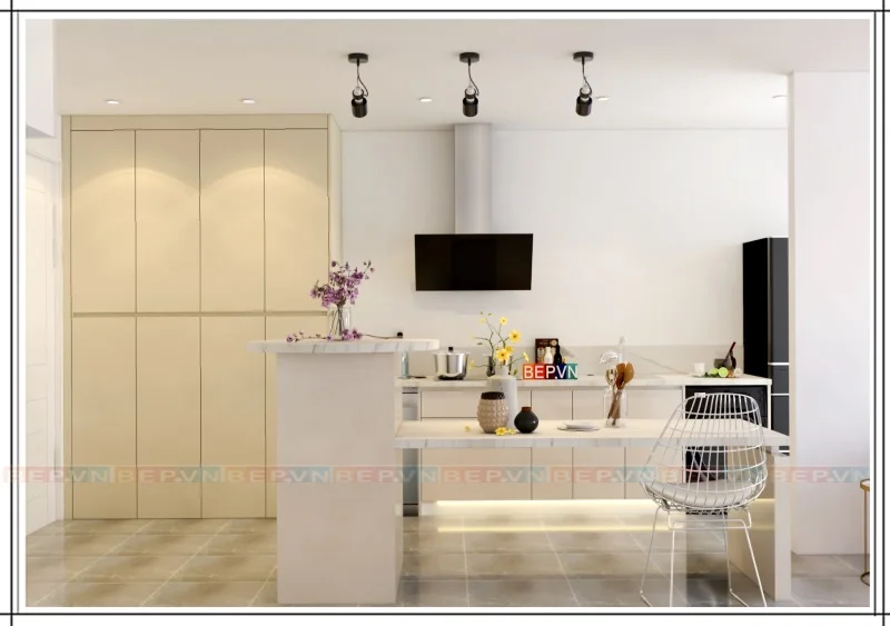 Tủ bếp trắng tối giản phong cách thanh lịch cuốn hút.