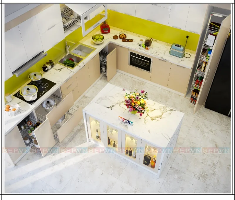 Màu trắng của tủ bếp phù hợp với màu gạch lát sàn nhà giúp căn bếp trông gọn gàng và hài hòa.