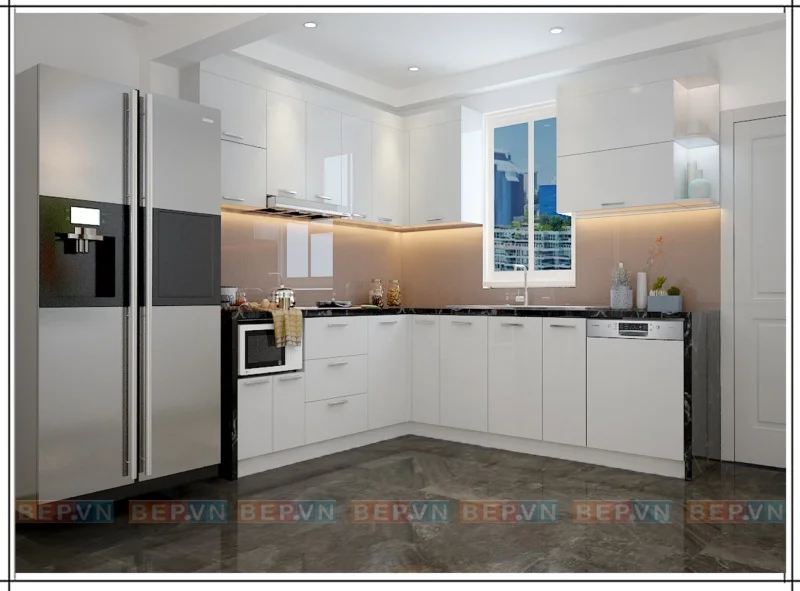 Tủ bếp trắng chữ L chất liệu Acrylic