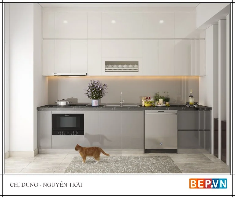 Tủ bếp màu sắc trung tính, nhã nhặn kiểu chữ I ốp trần