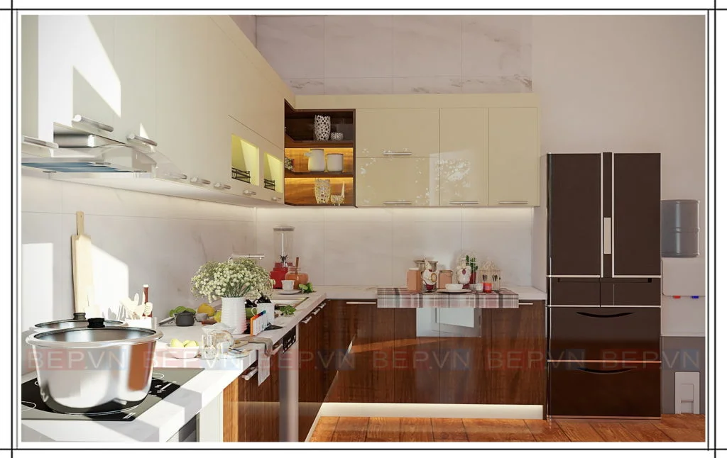 Mẫu tủ bếp đẹp kết hợp giữa hai chất liệu Laminate và Acrylic bóng gương
