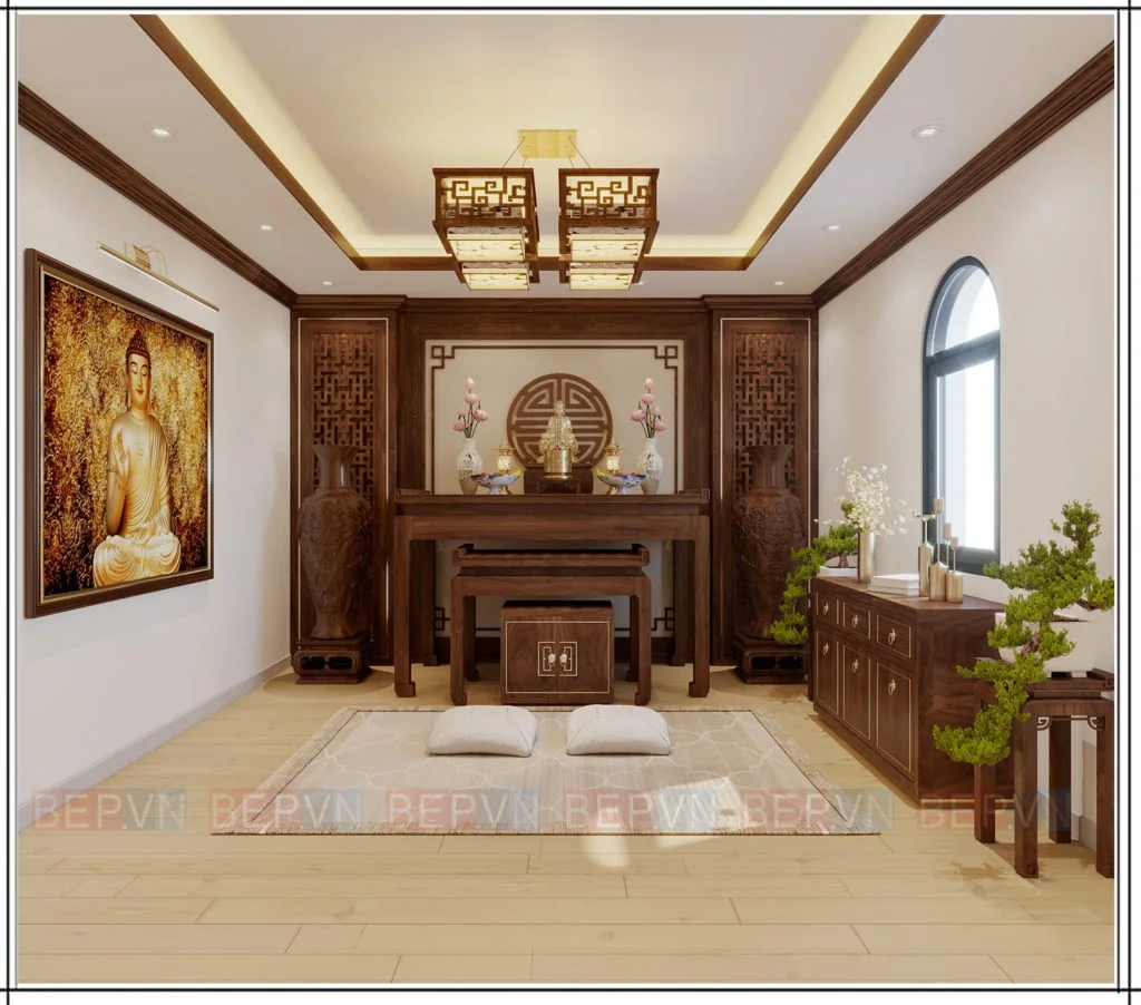 thiết kế phòng thờ Phật trang nghiêm có thêm ô cửa sổ