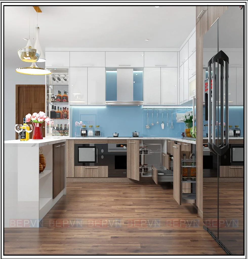 thiết kế tủ bếp với gam màu xanh làm chủ đạo