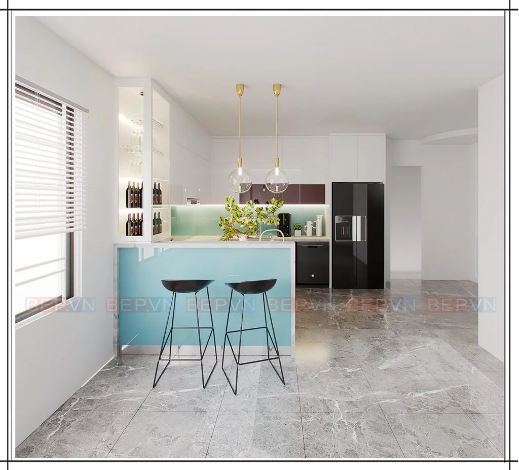 thiết kế đảo bếp màu xanh tươi mát với không gian phòng bếp