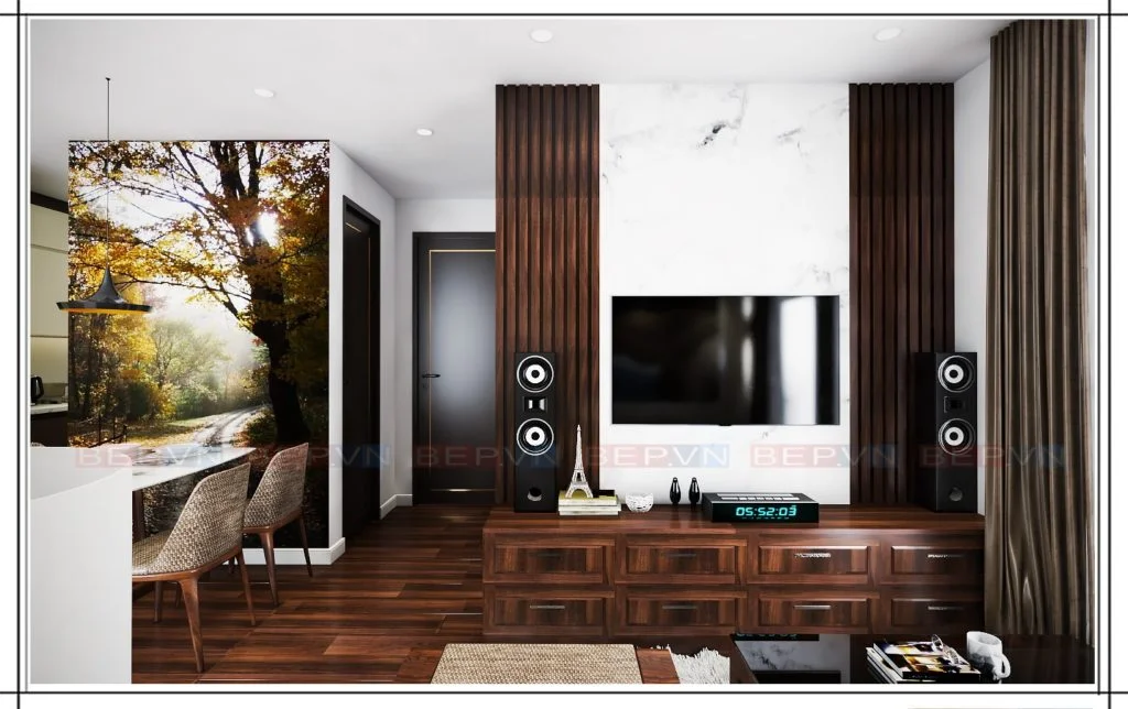 Thiết kế kệ tivi với chất liệu gỗ tự nhiên sang trọng
