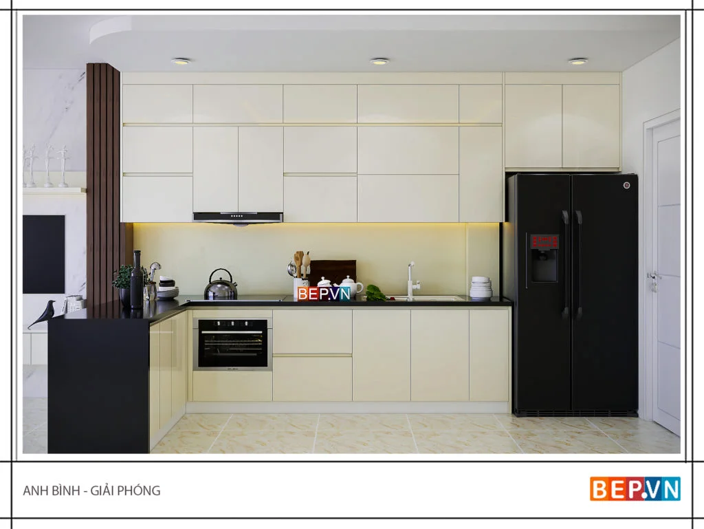 thiết kế tủ bếp đẹp với màu sáng cho phòng bếp thông thoáng