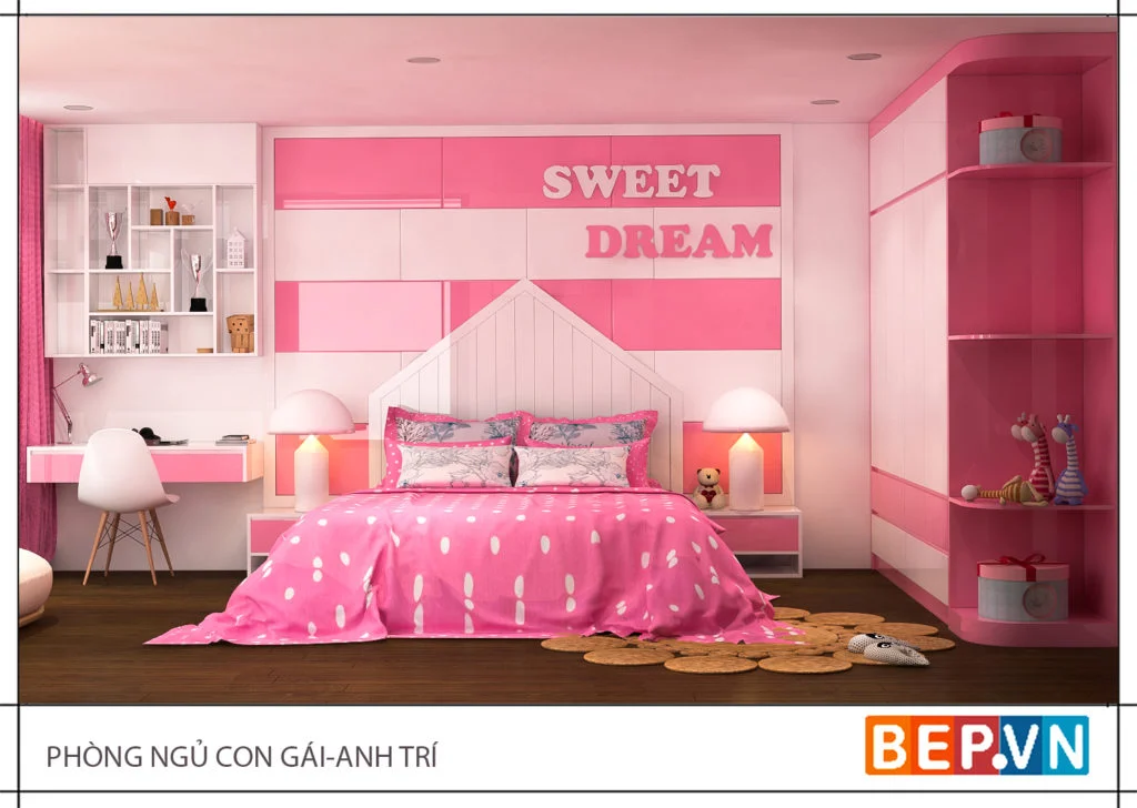 Phòng ngủ công chúa với màu hồng lãng mạn dành cho bé