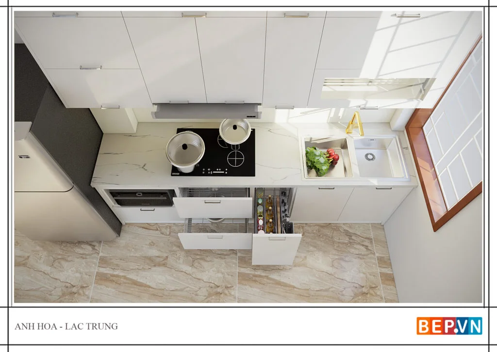 thiết kế tủ bếp đẹp hiện đại cho phòng bếp nhỏ hẹp